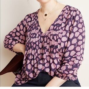 Anthropologie Maeve Cathy V Neck Pleated Top Blue Pink Flowers XL